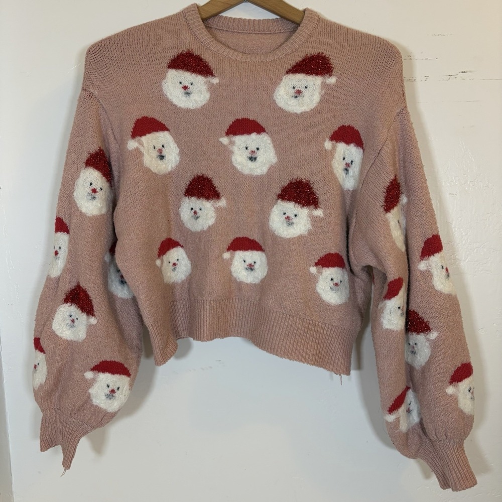 Miss Sparkling Pink Croped Santa Sweater Women's S Soft Cozy Christmas Holiday
